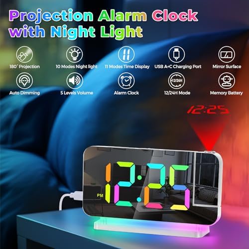 SZELAM Projection Alarm Clock, 7.4" LED Mirror Digital Clocks Large Display - Image 2