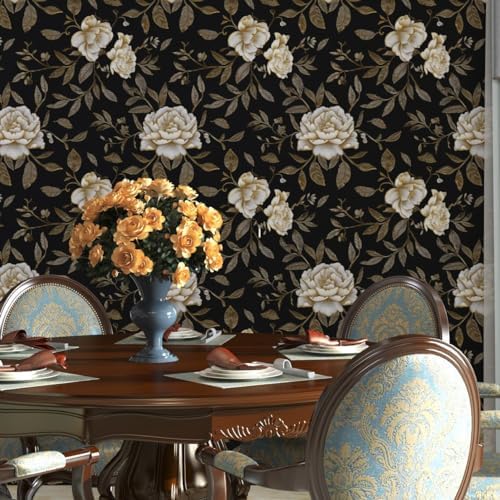 Laatse Dark Golden White Peony Floral Wallpaper Peel and Stick 17.5"x787" - Image 5