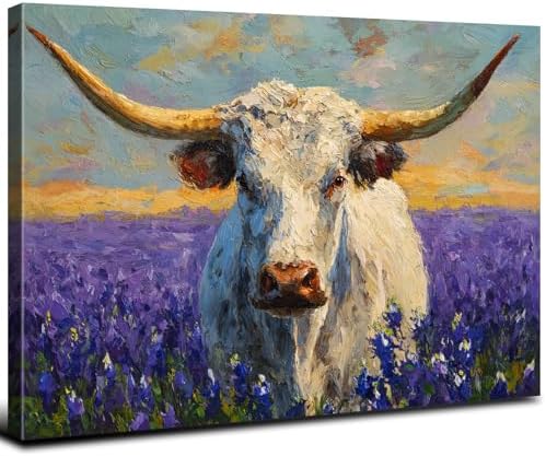 Purple Lavender Wall Art Highland Cow Wall Decor Abstract Nature Texas Longhorn by AREBOLOLLC