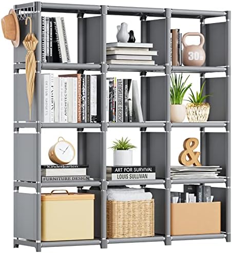 Grey Tall Book Shelf, 12 Cube Storage Organizer Closet, DIY Metal Bookcase by Mavivegue