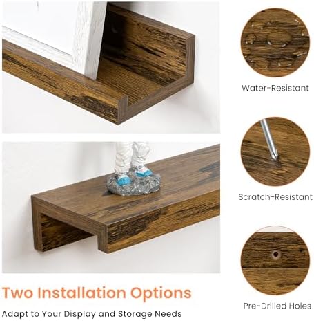 Picture Ledge Shelf, 20 inch Floating Wood Shelves Set of 2, Rustic Brown - Image 5