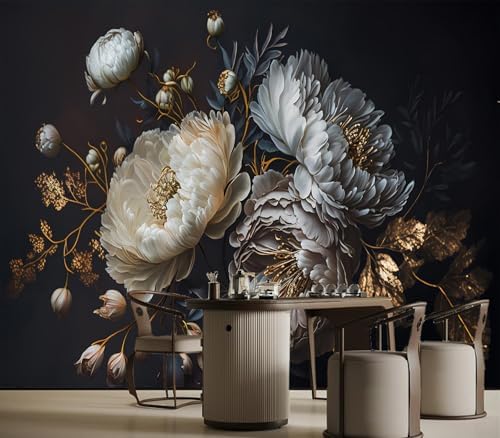 Exquisite Dark White Peony & Gold Floral Wallpaper by Unknown