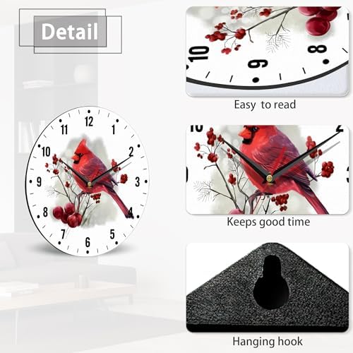 SPUNKER Wall Clock, Christmas Red Cardinal Bird Wall Clocks - Image 4