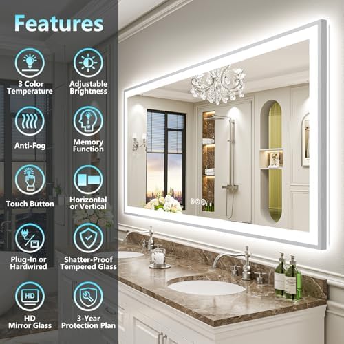 84x32 Inch Brushed Nickel LED Bathroom Mirror, Backlit & Front Lit - Image 2