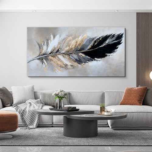 YISXINOAG Black Gold Abstract Wall Art Minimalist Feather Canvas 24"X48" - Image 5