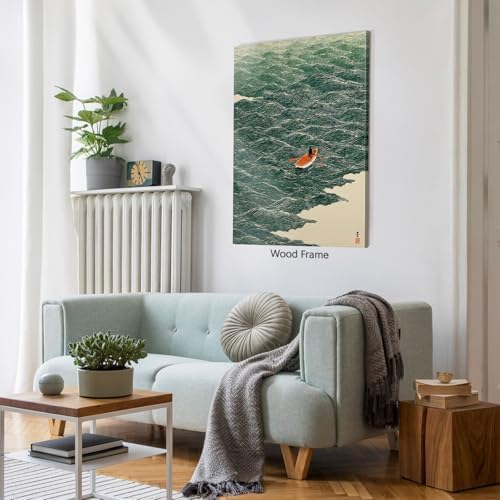 Vintage Japanese Canvas Wall Art Emerald Green Boat At Sea Posters Minimalist - Image 5