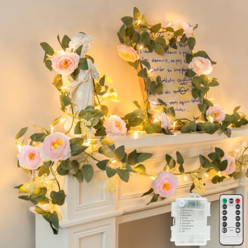 suddus 60LED Garland with Pink Camellia Lights Battery Operated Clear Wire by SUDDUS