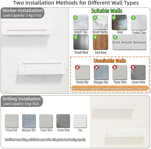 HNVNER Adhesive Wall Shelves 2 Pack, Metal Floating Shelf, Glossy White - Image 5