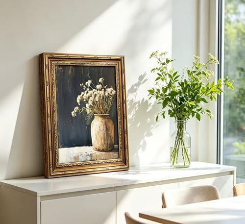 Vintage Gold Framed Wall Art, Fall Dried Flowers Antique Vase Country Oil - Image 2
