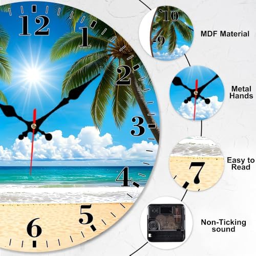 12" Silent Wall Clock, Round Wall Clock, Tropical Beach Palm Trees - Image 3