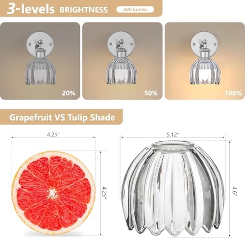 Vintage Battery Operated Wall Sconce, Smoky Gray Tulip Glass Lampshade Wireless - Image 5