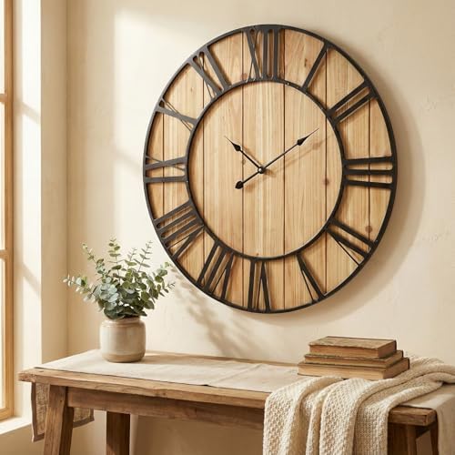 EMAX HOME Large Farmhouse Wall Clock 30 Inch Vintage Brown Wooden Wall Clock - Image 2