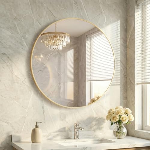 24 Inch Gold Round Bathroom Wall Mirror, Round Mirrors by HAPPYMONTLLC