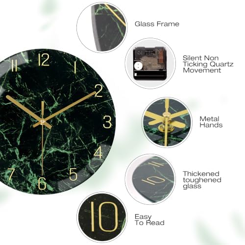 VIKMARI 12inch Emerald Green Abstract Marble Glass Wall Clock Kitchen Decor - Image 3