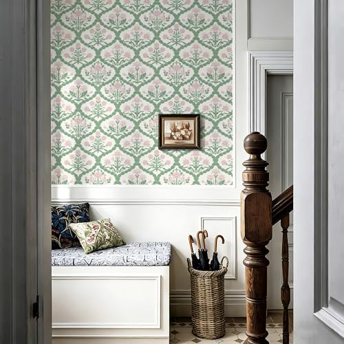 Pink Floral Peel and Stick Wallpaper Vintage Wall Paper Boho Pink Floral Damask - Image 3