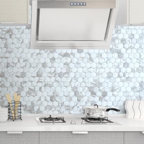 DICOFUN 10-Sheet White Hexagon Tile Peel and Stick Backsplash, Marble Look PVC - Image 6