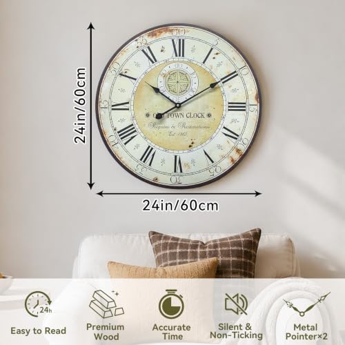 24 Inch Large Farmhouse Wall Clock, Silent Non-Ticking Battery Operated Wall - Image 2