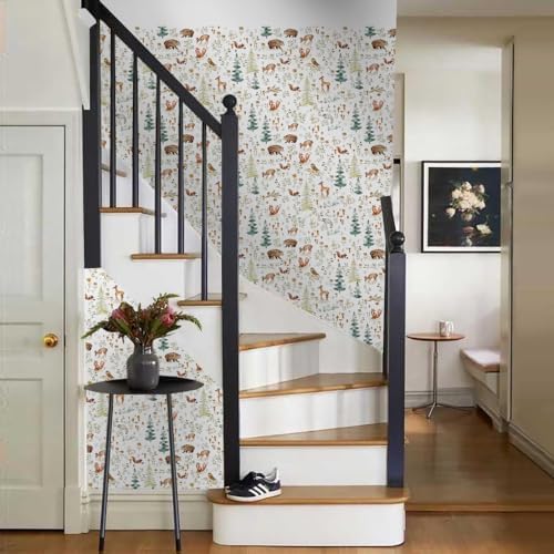Fairy Animals Forest Deer Cute Owl Rabbits Trees White Peel and Stick Wallpaper - Image 6