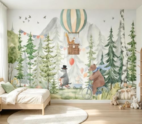 Cute Watercolor Forest Animals Hot Air Balloon Kids Wallpaper Peel & Stick by Unknown