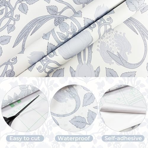 YXTII 590.5" × 17.3" Blue Floral Peel and Stick Wallpaper, Damask Vintage - Image 2