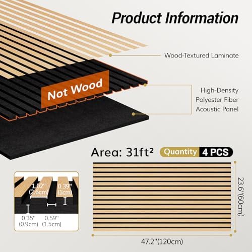 TONOR Dual-Layer Thickened Acoustic Wood Wall Panels, Self Adhesive, 4 Pack - Image 2