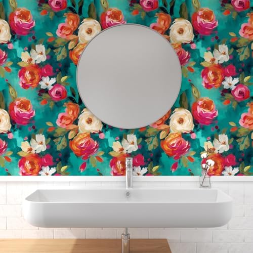 BOKEBEVE Floral Wallpaper Peel and Stick Boho Teal Blue 17.5 x 787In - Image 4