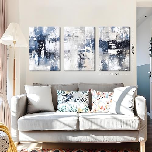 Abstract Blue and White Wall Art Set of 3, Modern Simple Navy Framed Canvas - Image 5