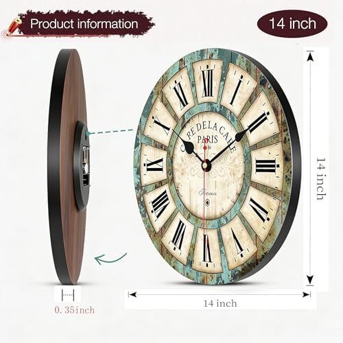 VIKMARI 14" Roman Numerals Wooden Wall Clock Shabby Chic Kitchen Home Decor - Image 3