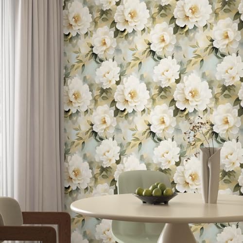 Laatse Vintage White Beige Peony Floral Botanical Wallpaper 17.5"x393" - Image 6