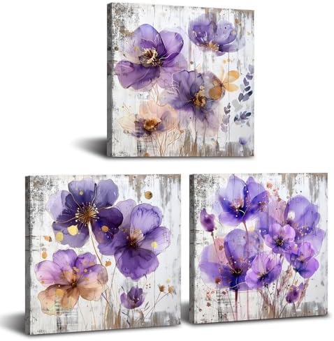 BL BORLINART Purple Wall Art Bathroom Decor Purple and Gold Flower Wall Decor by BLBORLINART