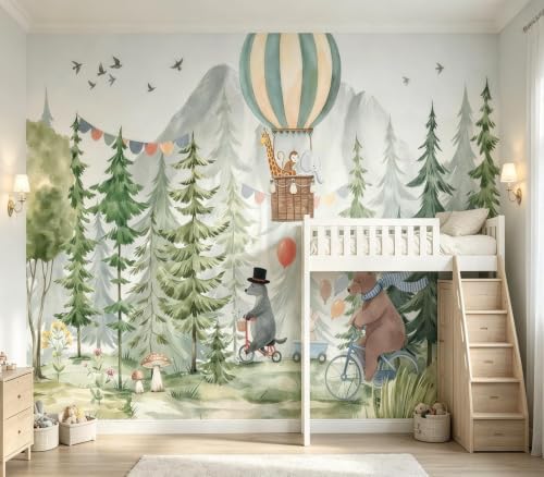 Cute Watercolor Forest Animals Hot Air Balloon Kids Wallpaper Peel & Stick - Image 4