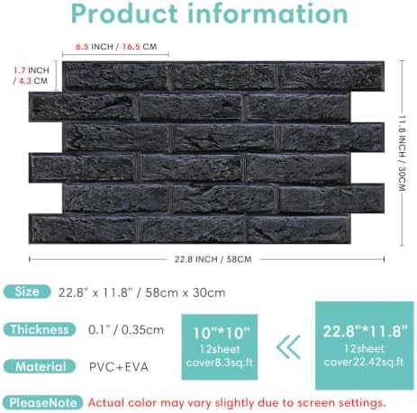 Commomy Peel and Stick Faux Brick 3D Wall Panels 12 pcs of 22.8" x 11.8" - Image 6