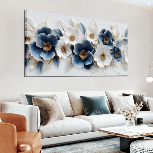 Large Canvas Wall Art for Living Room Blue and White Floral Print Painting wall by POMAIHUADE