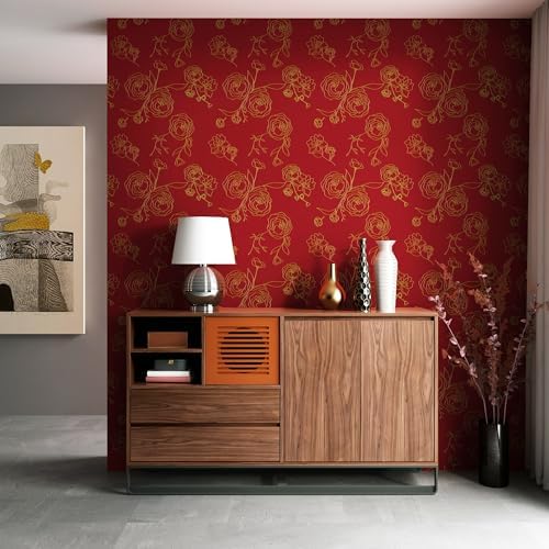 Safiyya 393"x17.3" Peel and Stick Wallpaper Red and Gold Contact Paper Floral - Image 3