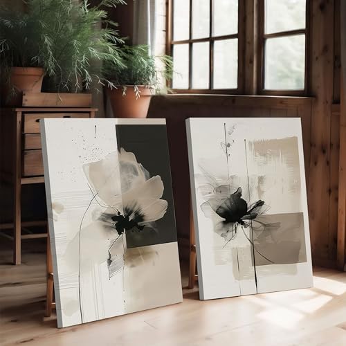 2Pcs Framed Neutral Abstract Canvas Wall Art Floral Pictures Modern Minimalist - Image 2
