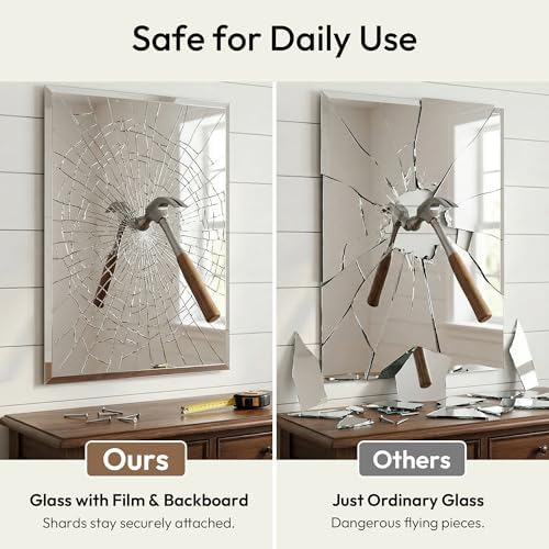 22x30 Inch Frameless Bathroom Mirror, Rectangular Beveled Wall Mirror - Image 4