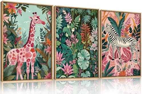 Aryroi Boho Sage Green Pink Giraffe Zebra Jungle Framed Canvas Wall Art Set - Image 5