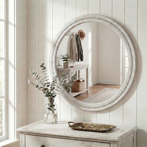 Solid Wood 30 Inch Round Beaded Bathroom Mirror, Distressed White - Image 3