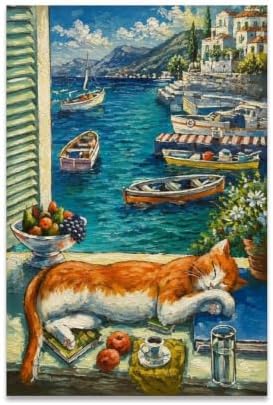 Coastal Cat Poster Mediterranean Seaside View Canvas Wall Art by Unknown