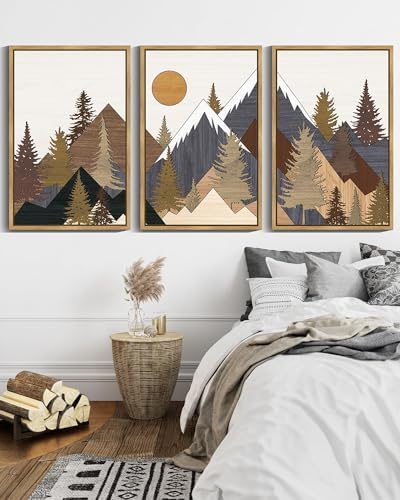 KUVIOKE Landscape Mountain Wall Art 16x24in Natural Framed - Image 3