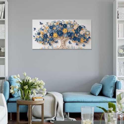 Blue Floral Tree Butterfly Canvas Wall Art Decor - Image 2