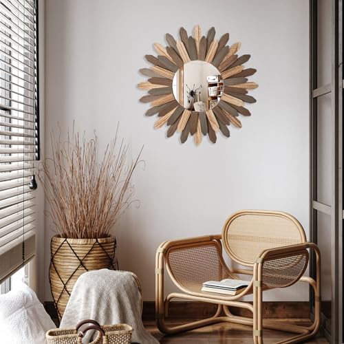 Emfogo Wall Mirror 21 inch Large Rustic Wood Boho Mirror Wall Decor Boho Room - Image 2