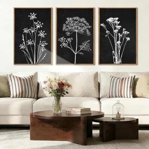 BINCUE Framed Botanical Wall Art Black Grey and White Plant Floral Print Canvas by BINCUE