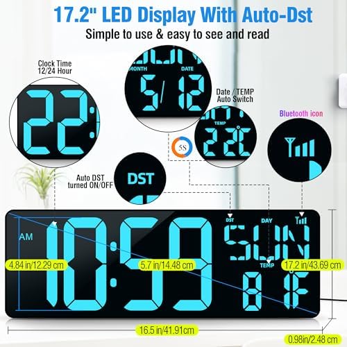 TXL 17.2" Large Digital Wall Clock Bluetooth Sync Time, LED Wall Clock - Image 2
