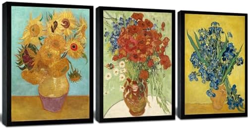 Black Framed Sunflowers- Irises Flower Vase Vincent Van Gogh Art Reproduction by OKEXCKK