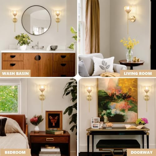 Vintage Battery Operated Wall Sconce Set of 2, Amber Tulip Glass Lampshade - Image 6