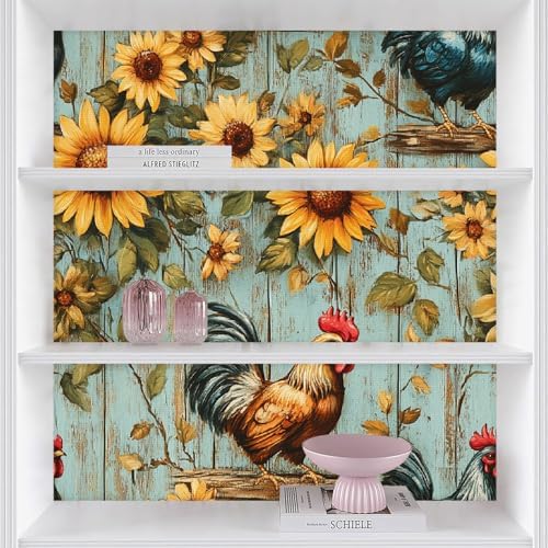 Sunflowers Rooster Peel and Stick Wallpaper 3D Printed Wood Vintage - Image 4
