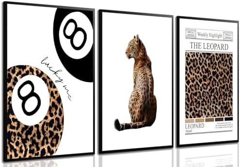 JBZDD Set of 3 Trendy Leopard Wall Art Posters Funky Lucky 8 Ball Prints by JBZDD