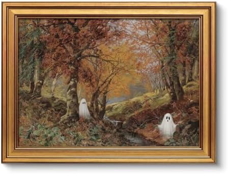 VIYYIEA Cute Ghost Halloween Wall Art 12x16 Inch Gold Framed Canvas, Vintage by VIYYIEAART