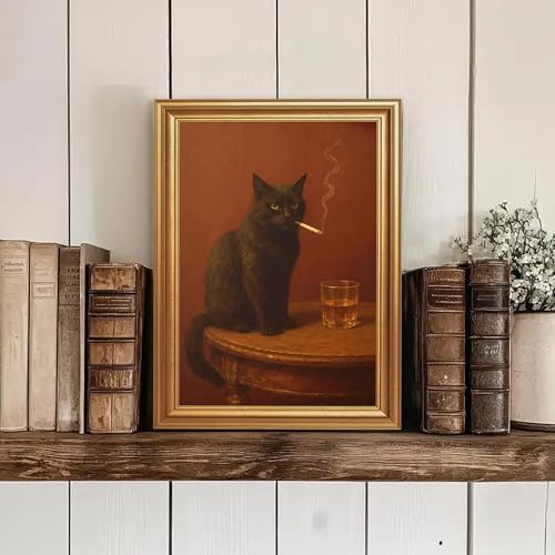 ICHZUMW Gold Framed Funny Black Cat Whiskey Vintage Canvas Wall Art 12x16In - Image 5